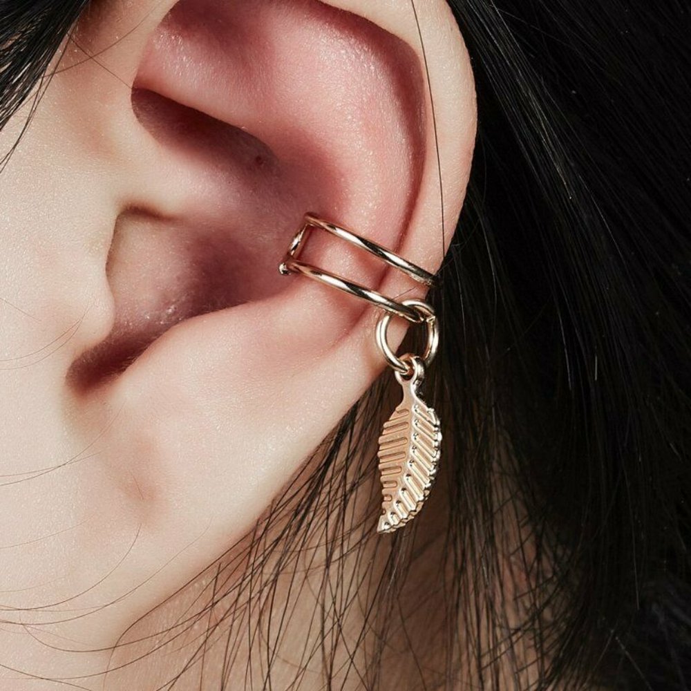 Gold Leaf Dangle BOHO Earring Ear Cuff - Picture 1 of 2